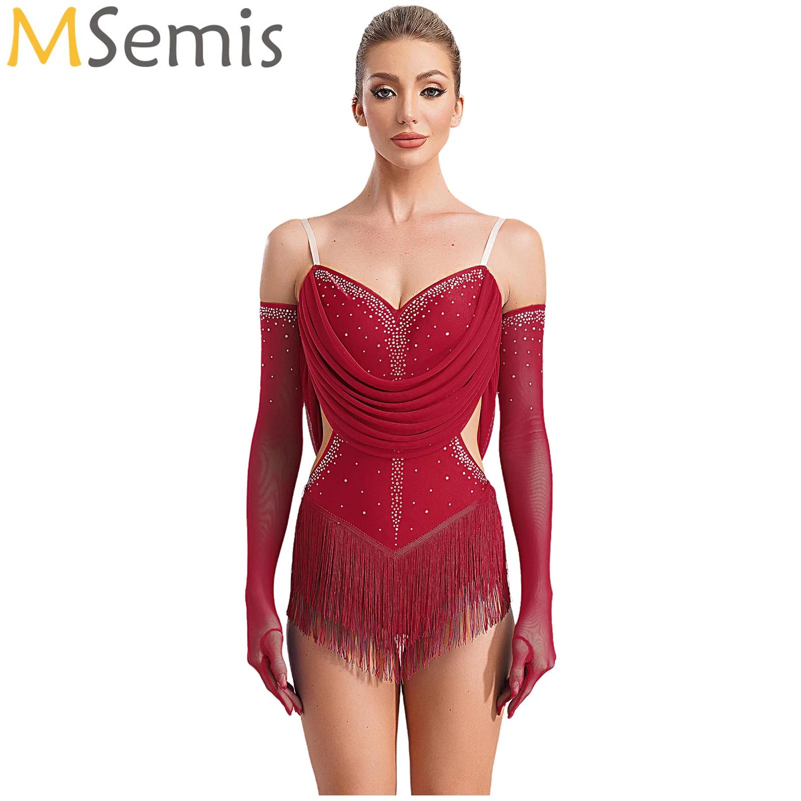 Women Ruched Mesh Tassel Latin - Rhinestone Banding Trim ulasan dan harga